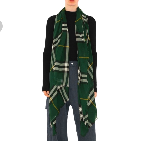 NWT$490 BURBERRY Giant Check Logo Pattern Fringed Trim Green Wool Twill Scarf - Picture 2 of 16